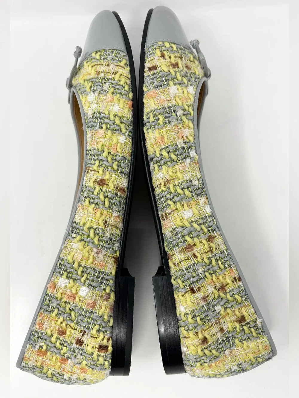 Tory Burch Tweed Ballet Flats Gray Yellow Leather Cap Toe Bow Size 9.5